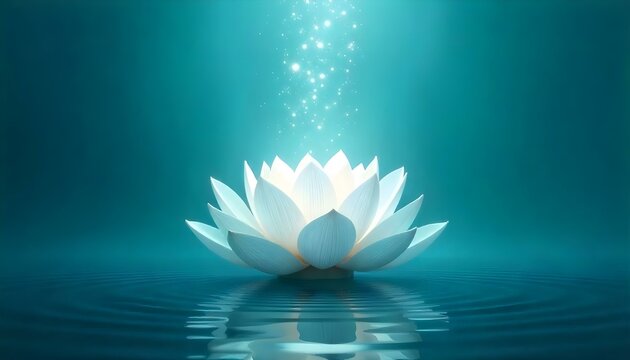 Una ilustraci&oacute;n digital muestra una flor de loto blanca en plena floraci&oacute;n, sobre un fondo verde azulado degradado
