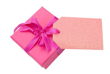 Gift box isolated on white, transparent. Pink color parcel with ribbon bow, top view. Mothers day. 