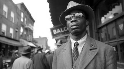 Man, stylish, street, city, 1940s,  pensive,  black and white, crowd, historical