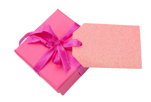 Gift box isolated on white, transparent. Pink color parcel with ribbon bow, top view. Mothers day.