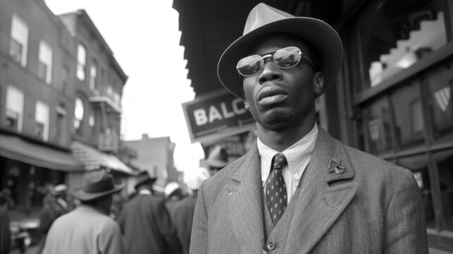 Fototapeta Man, stylish, street, city, 1940s,  pensive,  black and white, crowd, historical