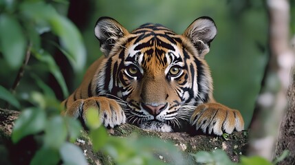 Fototapeta premium wildlife photo of tiger in rainforest, panoramic landscape, Generative AI