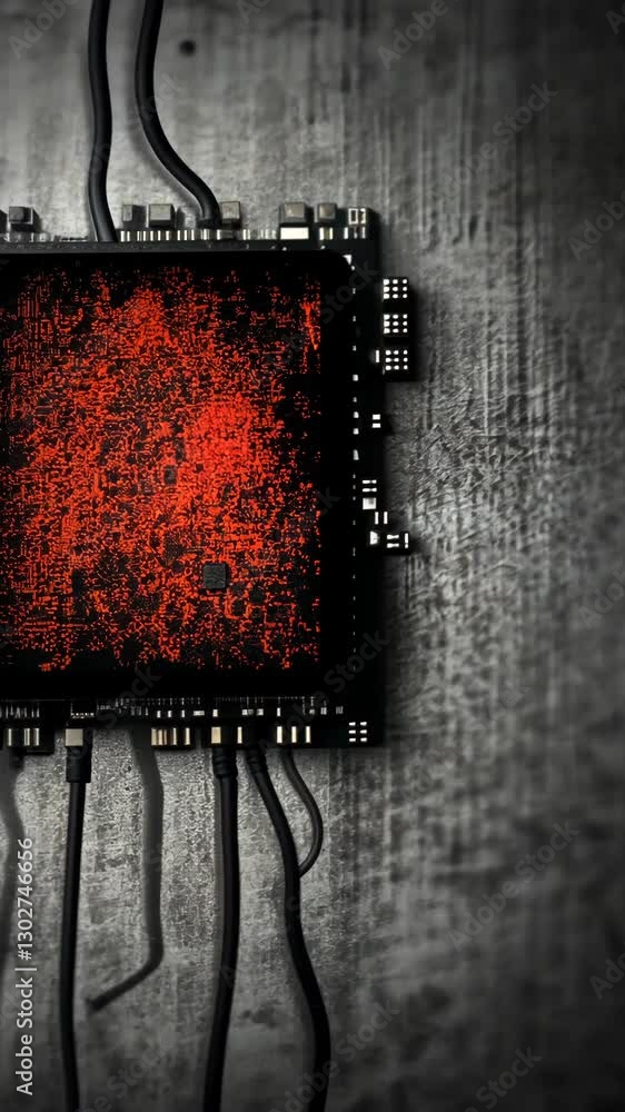 Aufkleber circuit board with red patterns and wires showcased on a wooden surface in a technology-focused sett