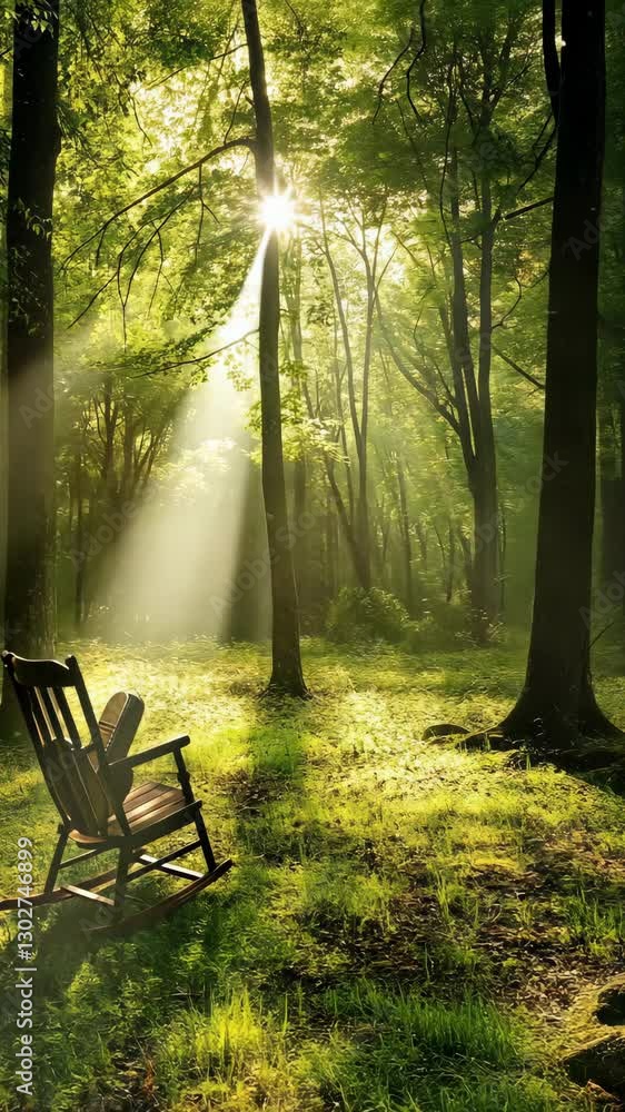 Poster sunlight filters through trees illuminating a tranquil forest scene with a rocking chair in a serene
