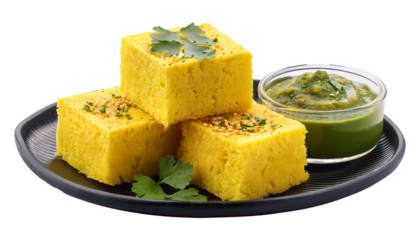 Dhokla with Green Chutney and Garnishing, Transparent Background PNG