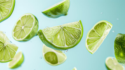 fresh lime slices falling on blue background
