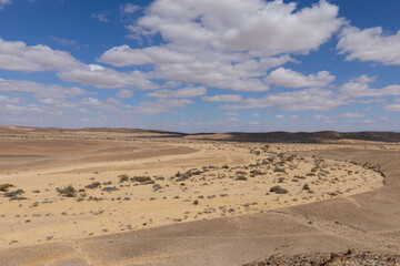 travel through the sandy desert, blue sky and many clouds