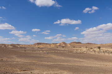 travel through the sandy desert, blue sky and many clouds