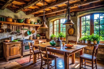 Fototapeta premium Rustic Farmhouse Kitchen Interior: Wooden Table, Chairs & Vintage Decor - Stock Photo