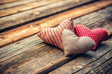 Rustic Heart Pillows on Wooden Plank - Romantic Valentine's Day Still Life