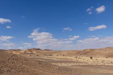 travel through the sandy desert, blue sky and many clouds