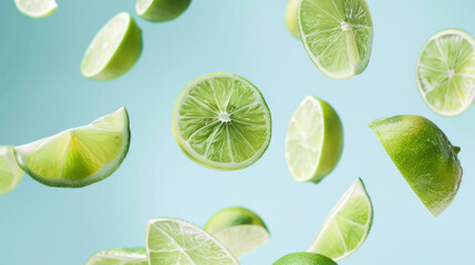 fresh lime slices falling on blue background