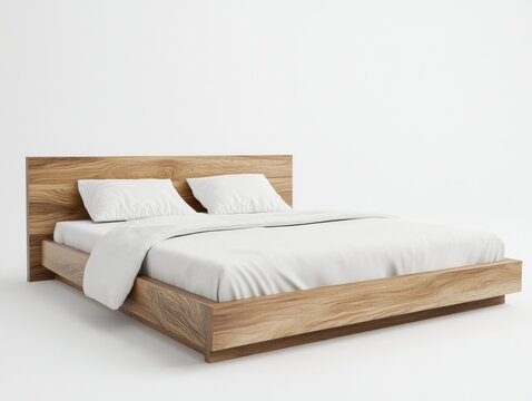 Modern wooden platform bed with white linens.