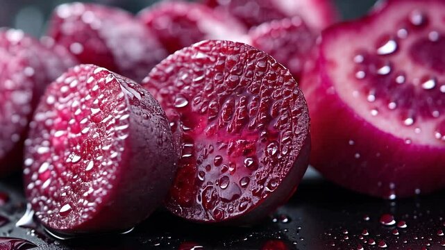 Close-up of sliced beetroot with water droplets on dark surface