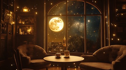 Nighttime Moonlit Cityscape Viewed From Cozy Room
