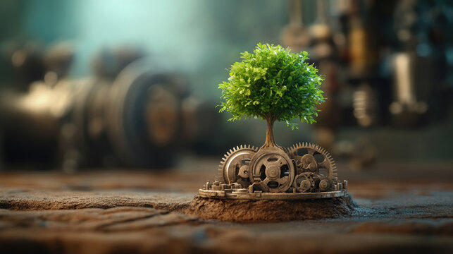 Integrating nature and technology a symbolic representation of sustainability through a tree growing inside machinery in an innovative environment