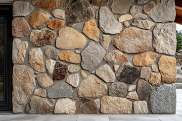 Sunlit textured stone wall with soft depth of field. Neural network AI generated