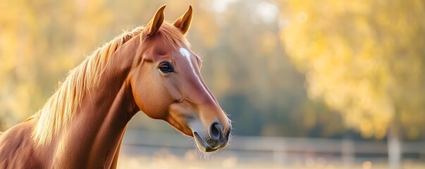 A stunning golden-brown horse stands gracefully against a blurred autumn background, capturing the beauty of nature and the majesty of these incredible creatures.