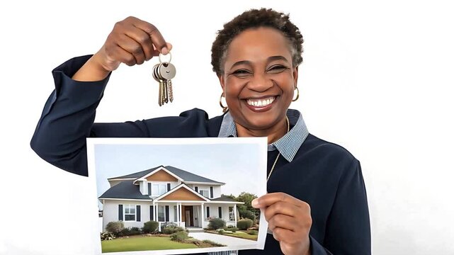 Smiling women black amrican $african, holding house keys, real estate agent, , proud homeowner, professional attire, navy blue blazer, white shirt, excited expression, achievement, property purchase, 