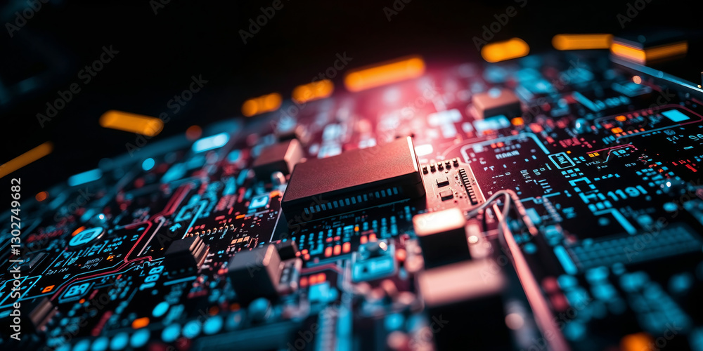 Fototapete electronic circuit board showing data processing with glowing circuits and components