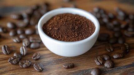 Coffee beans and ground coffee in a rustic setting on a wooden table