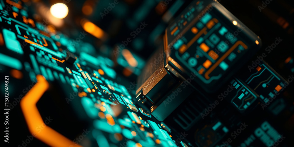 Poster Close-up of motherboard components illuminating computing power