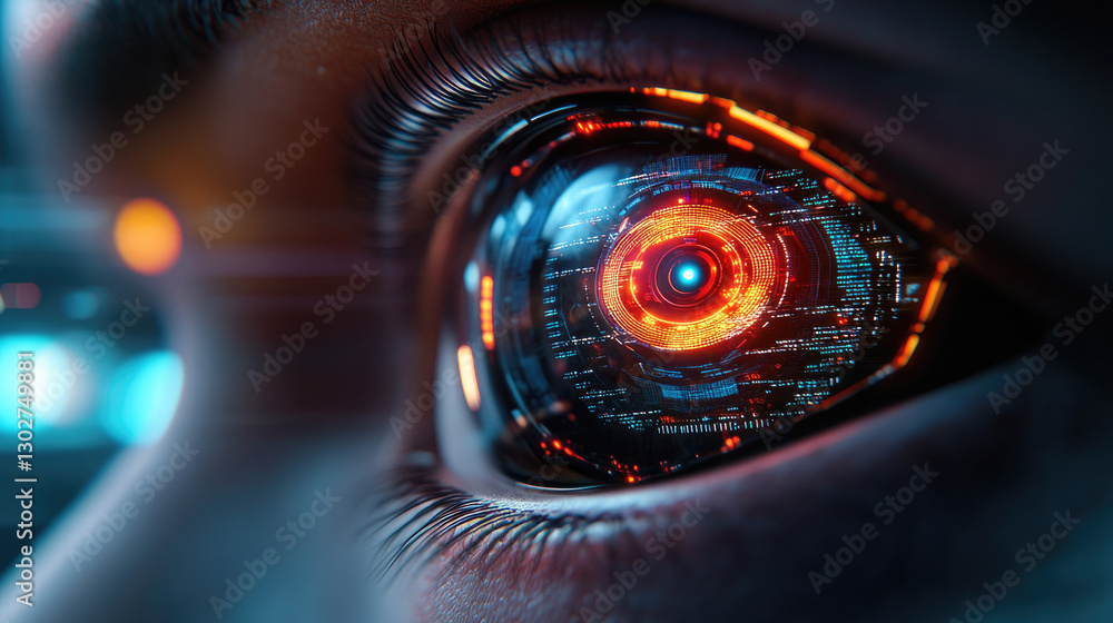 Poster robotic eye scanning data with glowing digital particles futuristic laboratory hyper-realistic style
