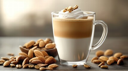 Glass of coffee topped with whipped cream and surrounded by almonds on a wooden table