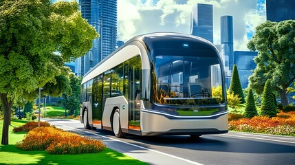 Obraz premium Futuristic Electric Bus Cityscape - Sustainable Transportation
