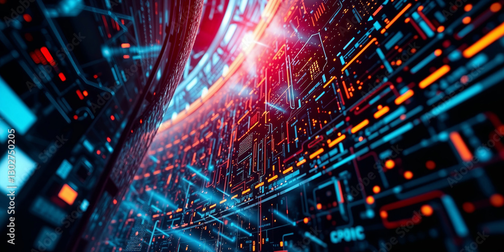Poster futuristic motherboard circuit glowing with data flowing through electronic components