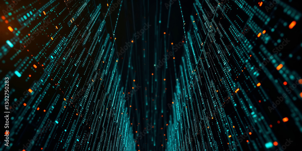 Poster Digital rain of binary code falling through cyberspace