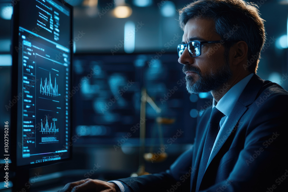 Poster contemplative lawyer engaging with a digital assistant at a futuristic desktop balancing complexity 