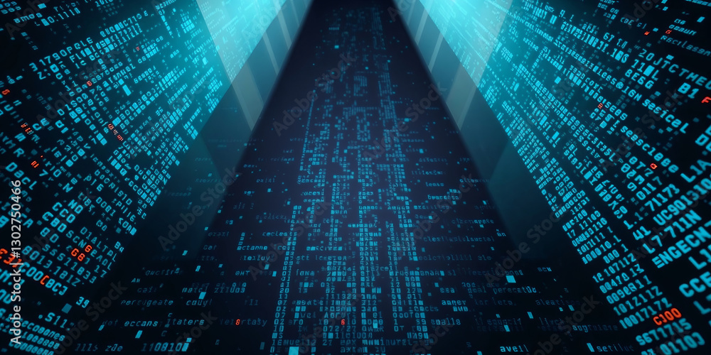 Poster data stream flowing through cyberspace with blue and red characters