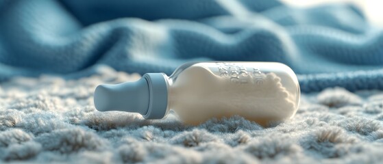 A close-up of a baby bottle lying on a soft, textured blanket, symbolizing comfort and nurturing. Ideal for themes related to parenting, childcare, and early childhood bonding.