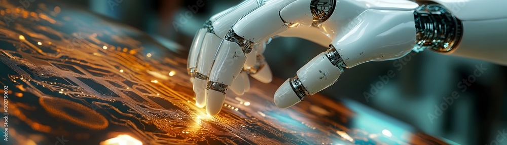 Poster a close-up of a robotic hand interacting with a high-tech surface, showcasing the integration of rob