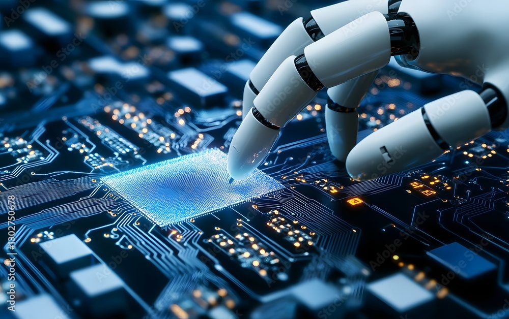 Poster a close-up shot of a robotic hand interacting with a computer chip, showcasing advanced technology a