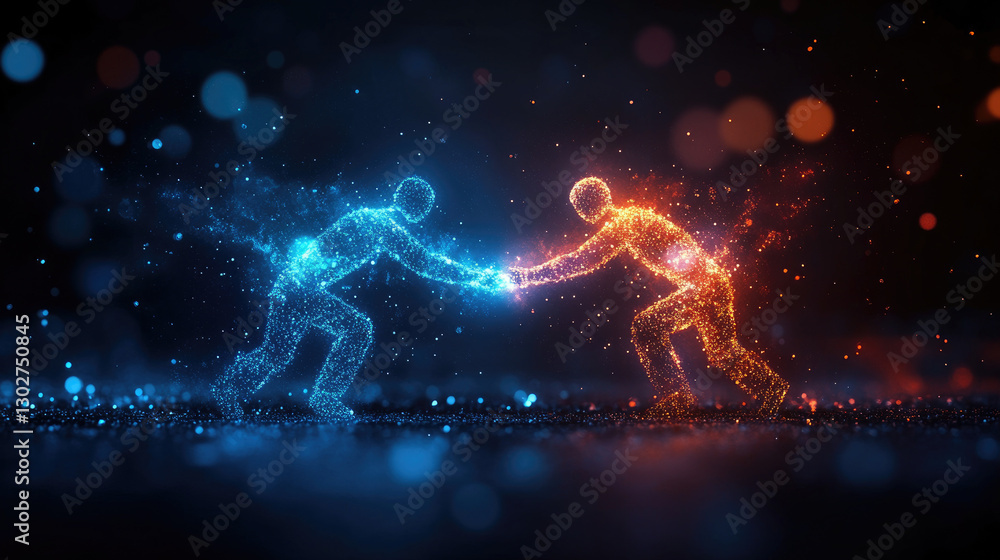 Poster dynamic collaboration of interconnected figures glowing with energy symbolizing teamwork and success