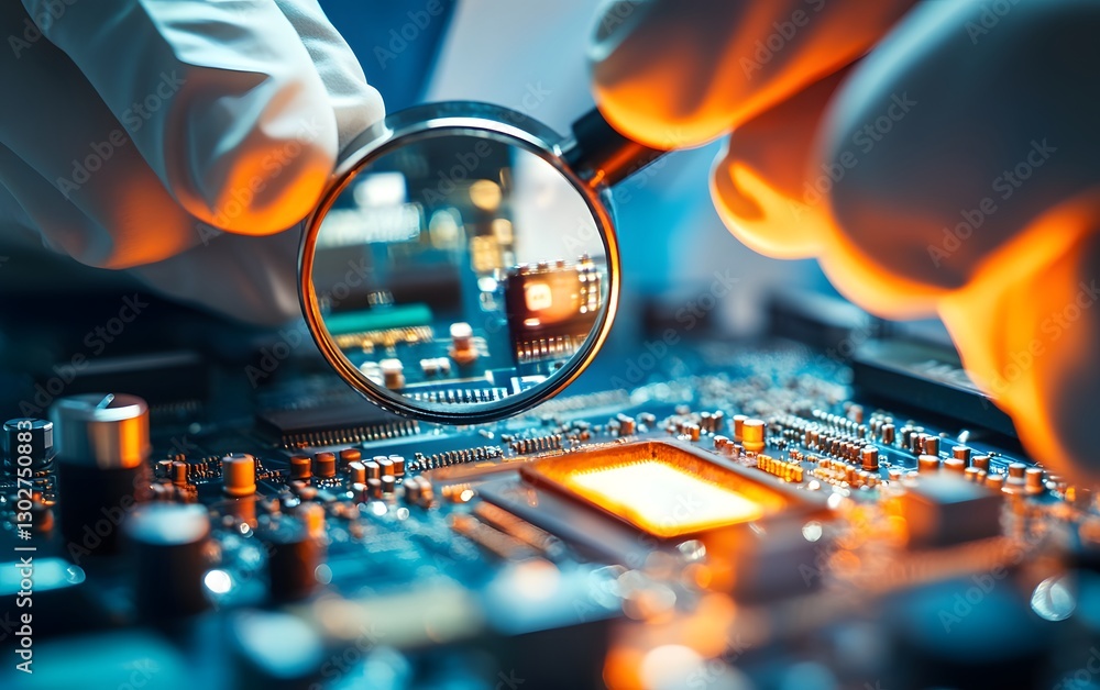 Poster a close-up view of a person examining a circuit board through a magnifying glass, showcasing intrica
