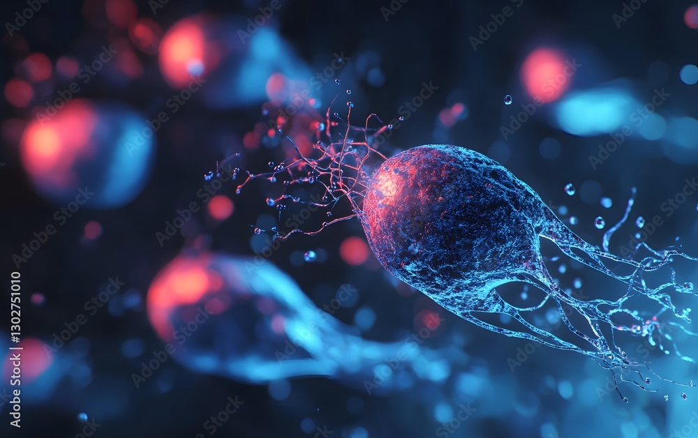 Poster a close-up view of microscopic cells with vibrant colors, showcasing the intricate structures and mo