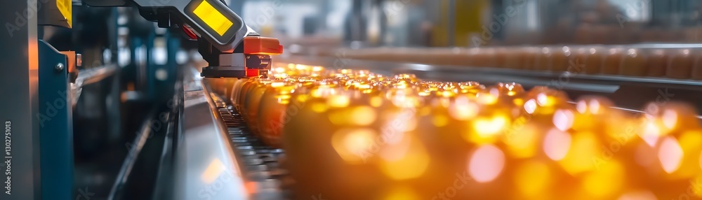 Poster A close-up view of an automated production line highlighting orange glass bottles moving through the assembly process with precise machinery and quality checks in action.