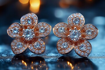Beautiful floral-shaped earrings with sparkling diamonds and rose gold accents displayed on a reflective surface