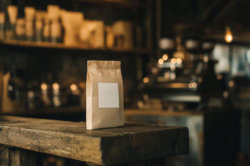 Coffee bag with plain white label placed on rustic wooden table in cozy cafe environment