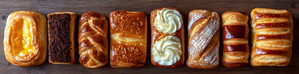 Fototapeta premium Various pastries with different toppings and fillings are lined up on a wooden table. Concept of freshly baked assorted pastries. For promoting bakery products.