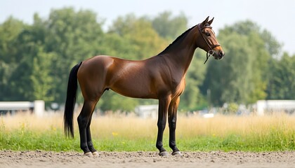 Fototapeta premium A majestic brown horse stands gracefully in an open field, showcasing its strength and elegance against a backdrop of lush greenery. Perfect for nature and animal lovers.