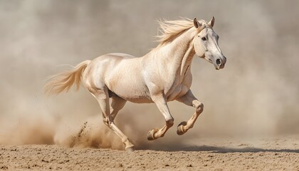 Fototapeta premium A majestic white horse gallops gracefully across a dusty landscape, kicking up a plume of sand. Its mane flows elegantly in the wind, embodying strength, freedom, and beauty.