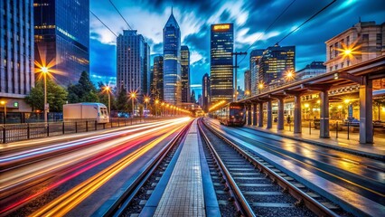 Obraz premium Seattle Light Rail Station at Night - Long Exposure Photography