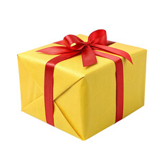 Obraz premium Yellow gift box with red ribbon isolated on transparent background Generative Ai