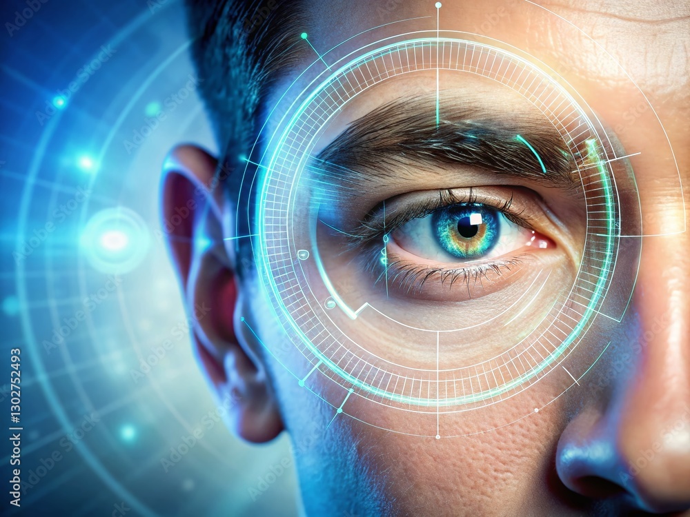 Poster secure biometric identity verification: close-up portrait showing iris and fingerprint scans
