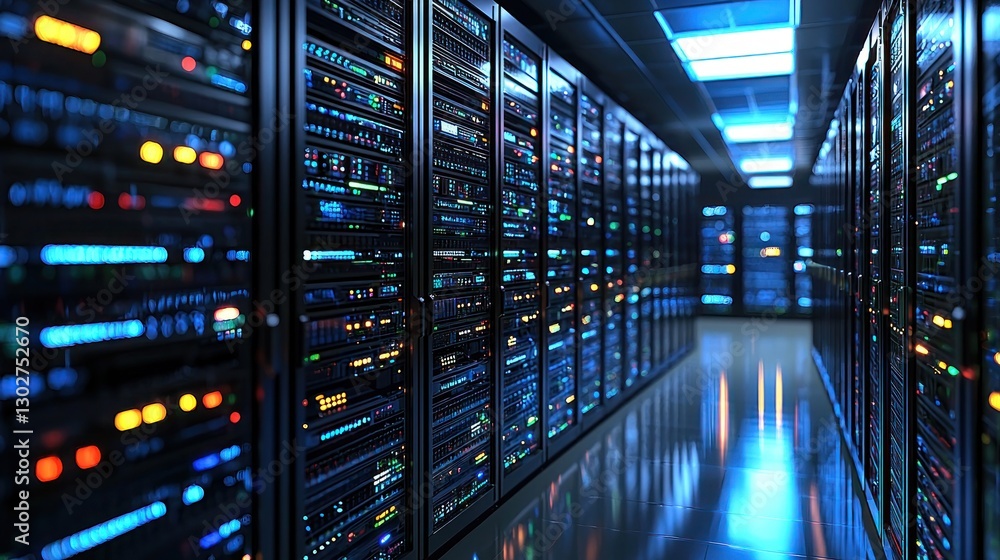 Aufkleber data center with rows of server racks and colorful led lights