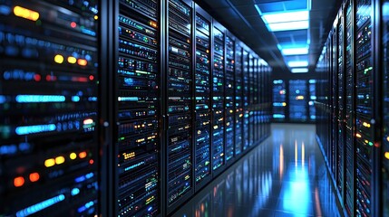 Data Center with Rows of Server Racks and Colorful LED Lights
